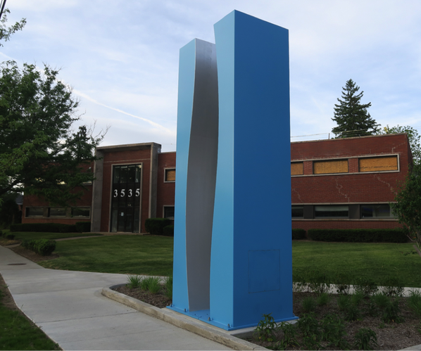 Cloud Monolith on Public art tour two blue columns